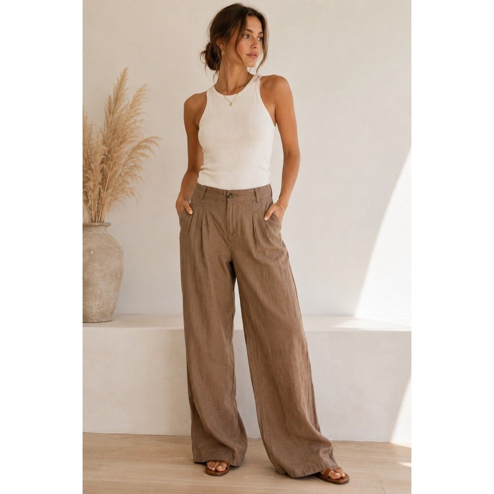 Love Tree Linen Blend Wide Leg Pants Brown Pleated Pull On Elastic Back L